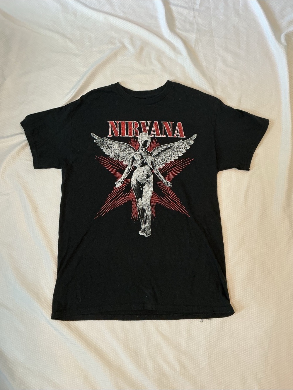 NIRVANA Black Tee with Red and White Angel Graphic